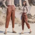 Slim High-Waist Nine-Point Straight Leather Pants for Women