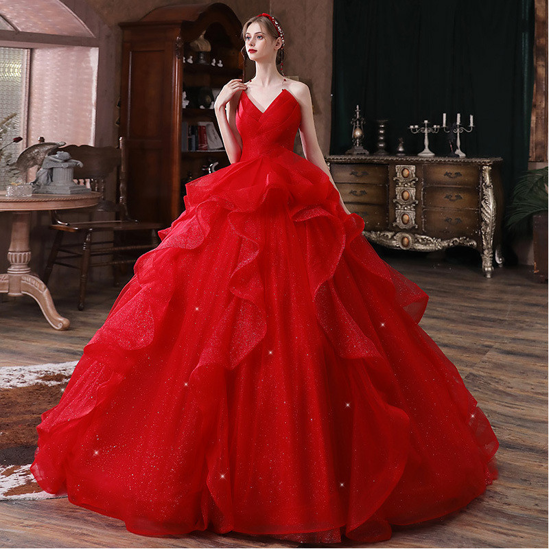 Long-Tail Starry Sky Wedding Dress with Straps - Polyester Long-Tail Starry Sky Wedding Dress with Straps - Polyester