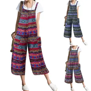 Bohemian Cotton Linen Jumpsuit with Wide-Leg Pants