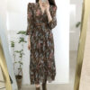 New Retro Temperament Flower V Neck Pleated Comfortable Waist Dress Women