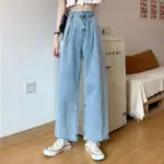 Relaxed High Waist Korean Lace Wide Leg Jeans - Denim