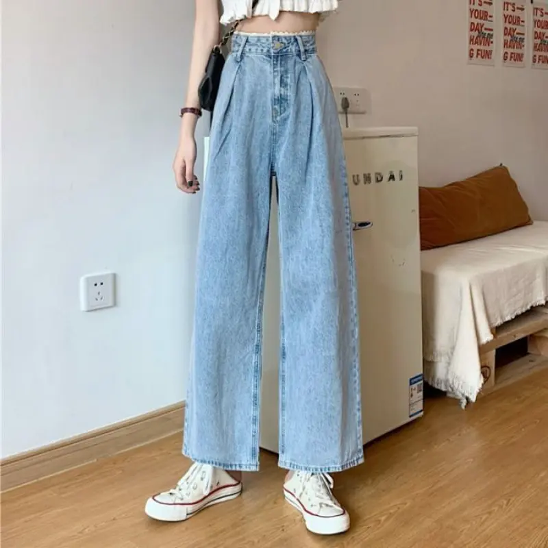 Relaxed High Waist Korean Lace Wide Leg Jeans - Denim