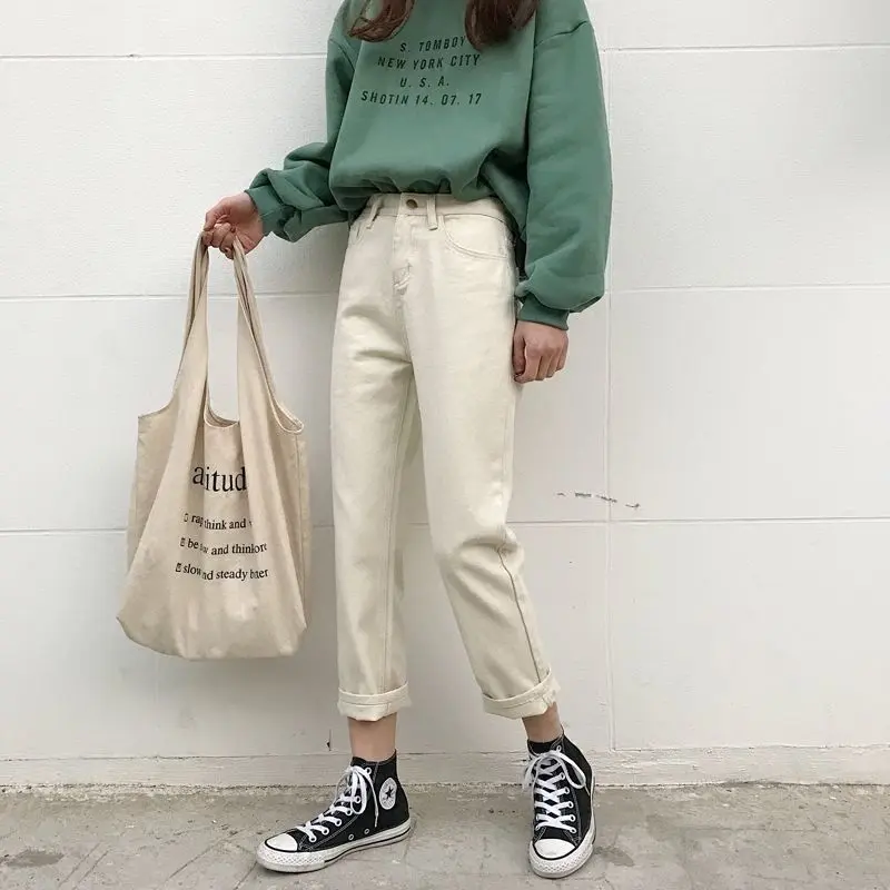 Relaxed High Waist Korean Lace Wide Leg Jeans - Denim