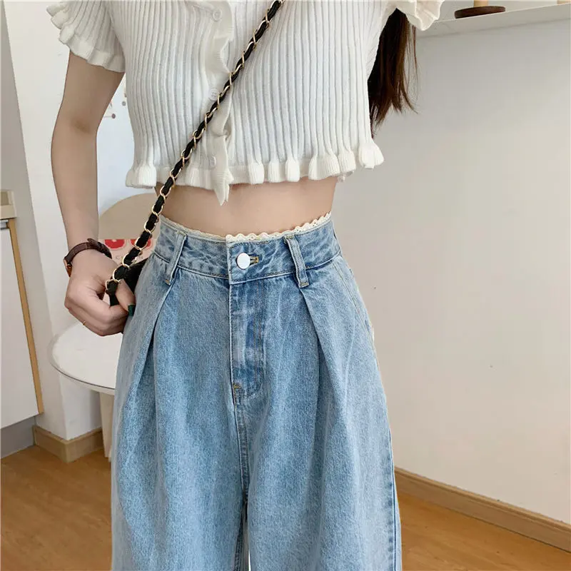 Relaxed High Waist Korean Lace Wide Leg Jeans - Denim