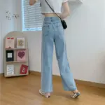 Relaxed High Waist Korean Lace Wide Leg Jeans - Denim