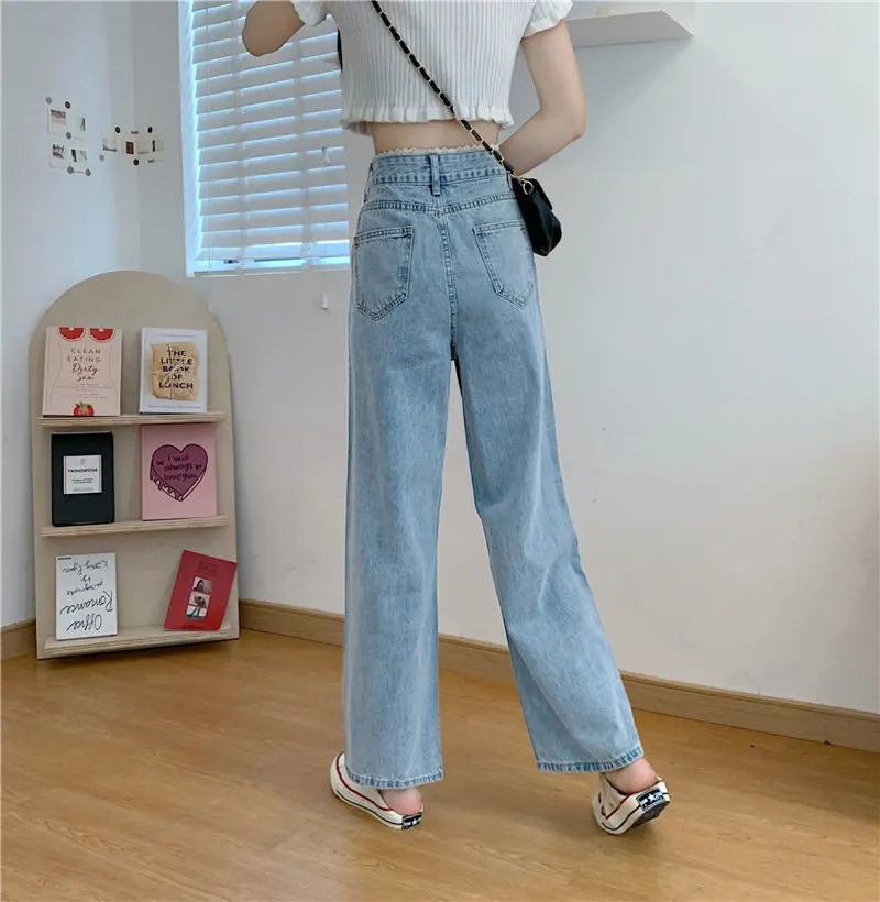 Relaxed High Waist Korean Lace Wide Leg Jeans - Denim