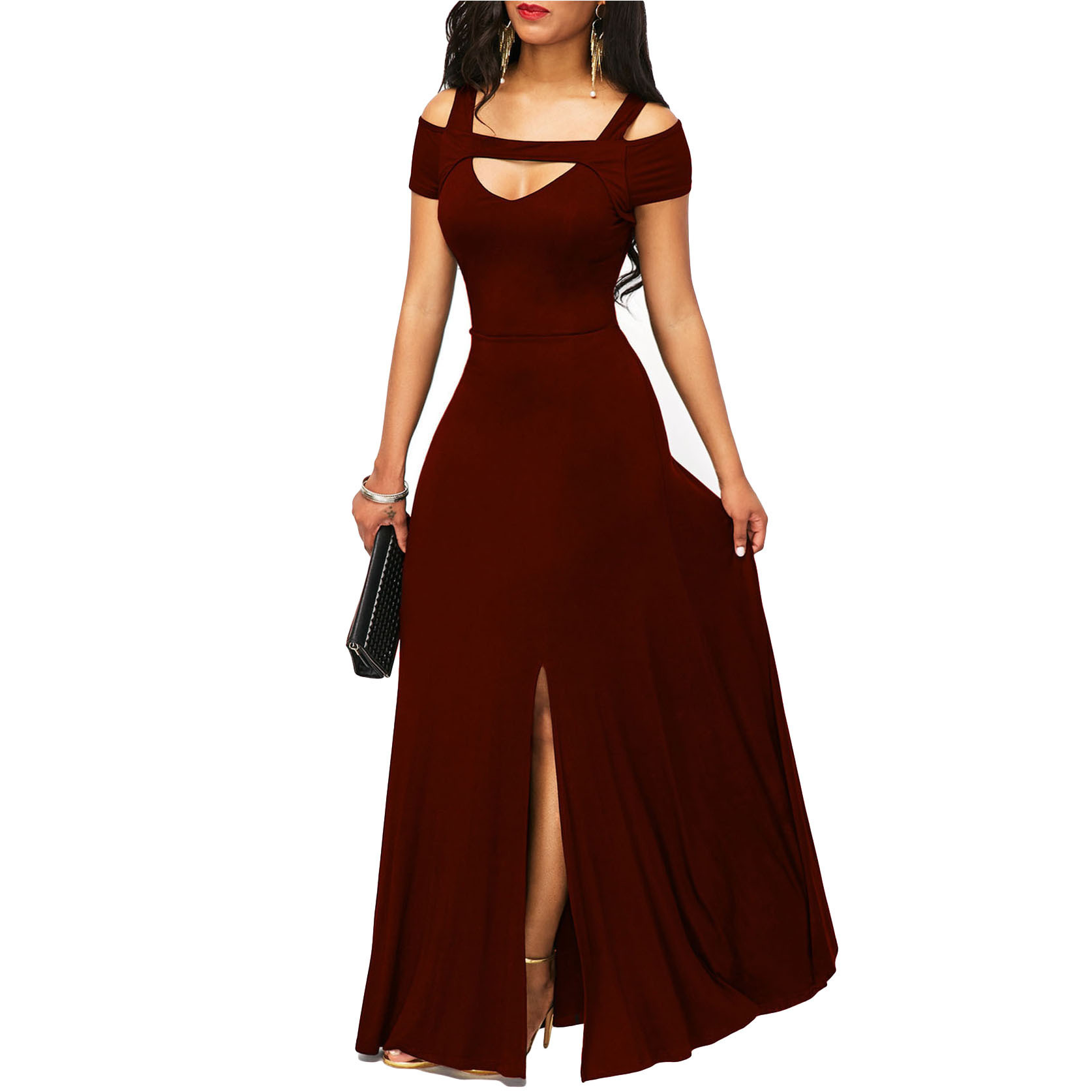 Flattering V-Neck Split Party Maxi Dress, Slim Fit Flattering V-Neck Split Party Maxi Dress, Slim Fit