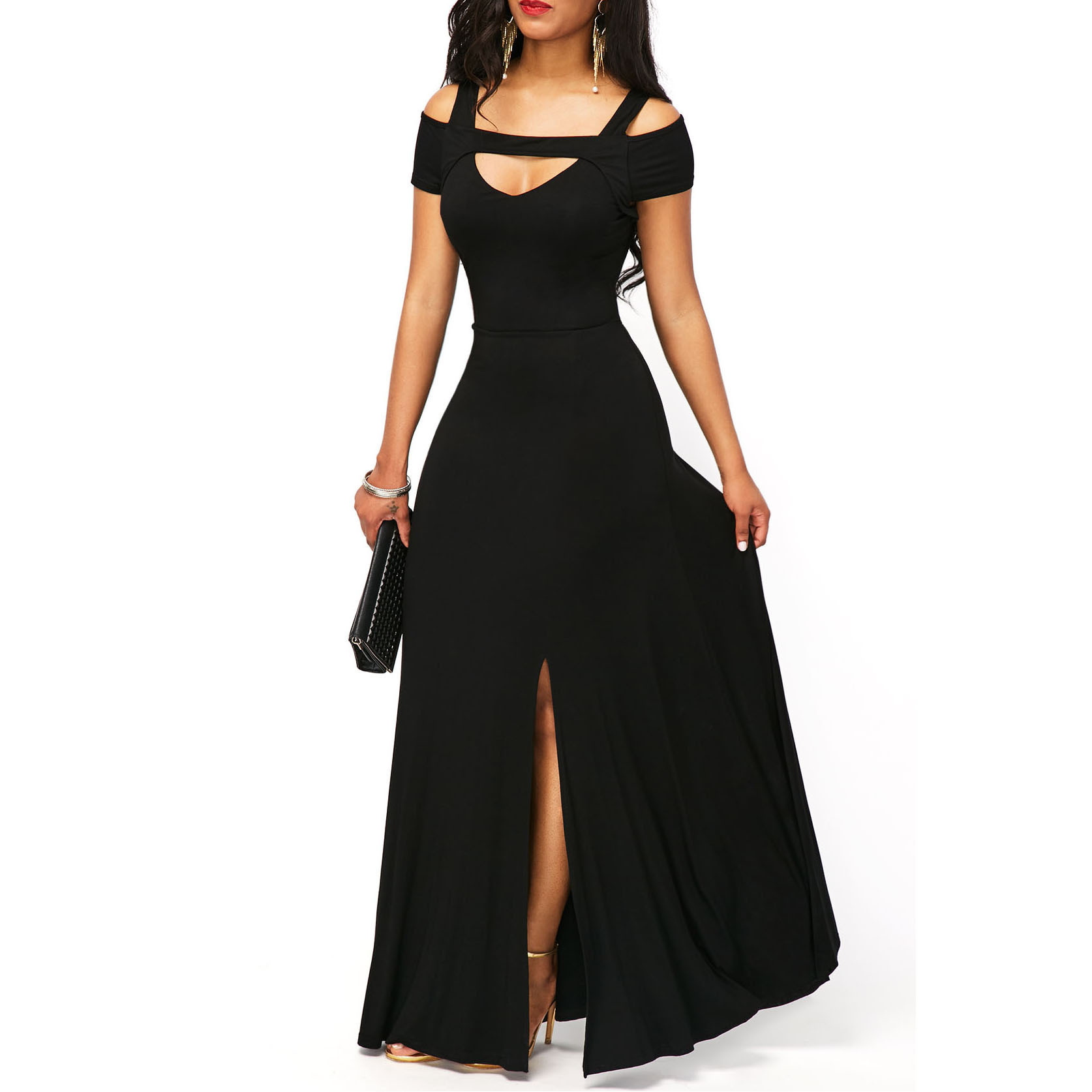 Flattering V-Neck Split Party Maxi Dress, Slim Fit Flattering V-Neck Split Party Maxi Dress, Slim Fit