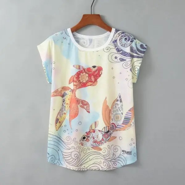 Loose Fit Turtle Print Round Neck Short Sleeve Top