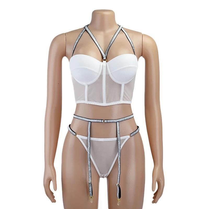 Flattering Polyester Three-Piece Garter Lingerie Set Flattering Polyester Three-Piece Garter Lingerie Set