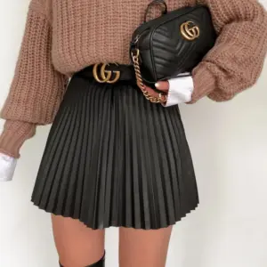 Draped Pleated Black Knitted Mini Skirt for Winter - Cotton Blend