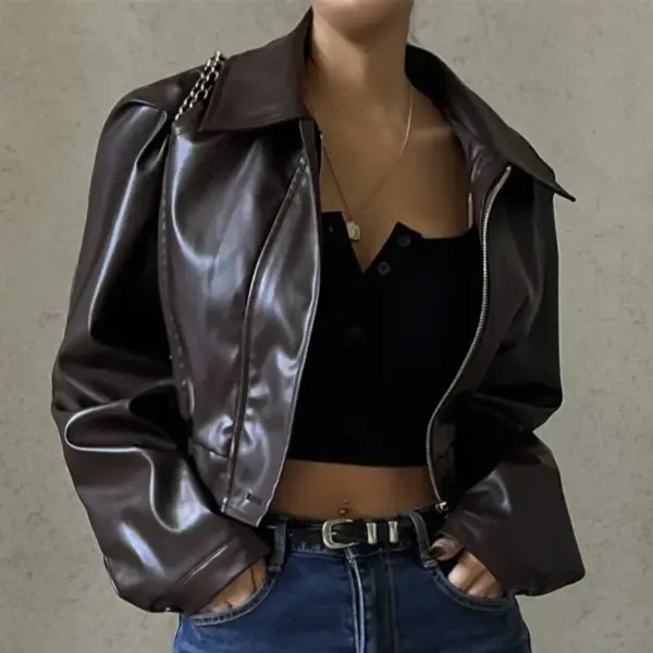Retro Brown PU Leather Zipper Jacket for Women, Slim Fit