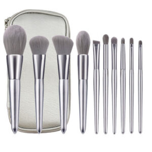 Complete 10-Piece Makeup Brush Set with PU Bag, Wooden Handles