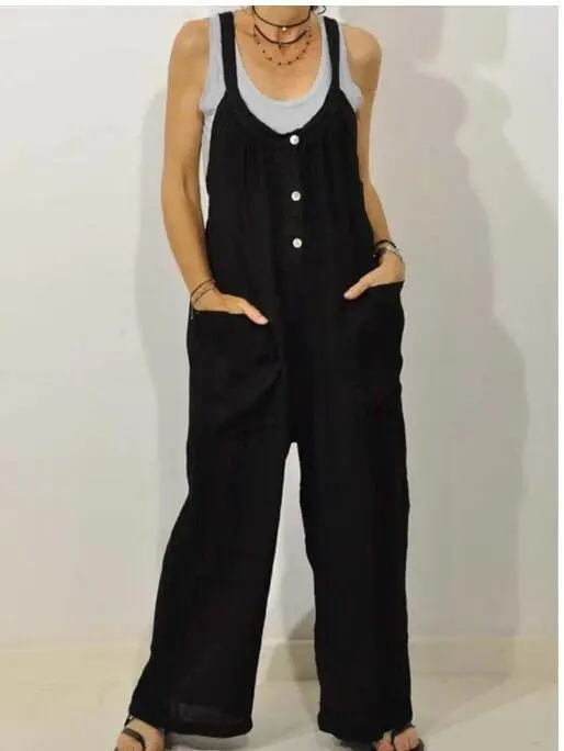 Pocket Solid Color Elastic Button Romper