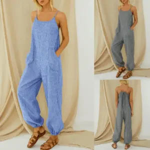 Sling romper pocket cotton and linen stripes