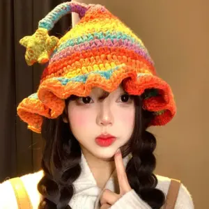 Rainbow Star Elf Hat for Adults, Hand-Knitted Acrylic Cap