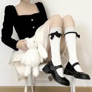 Two-Way Wear Lace Bow Knee High Socks, Black & White Convertible Calf Stockings, Cute Lolita Coquette Aesthetic Legwear For Women