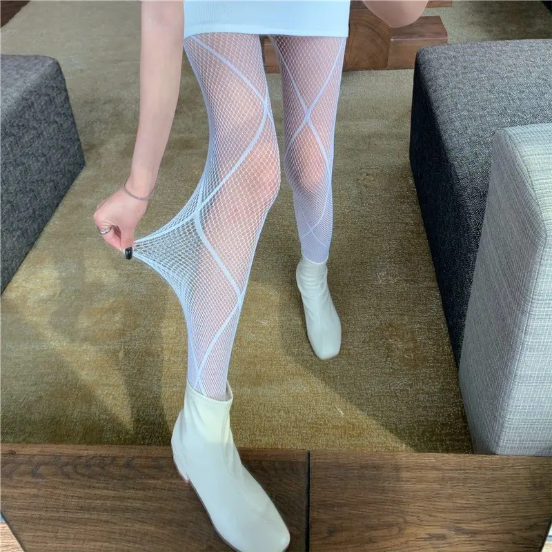 Sexy Thin Sheer Pantyhose, Large Square Pattern, Rhinestone Jacquard Hollow Out See-through Mesh Tights