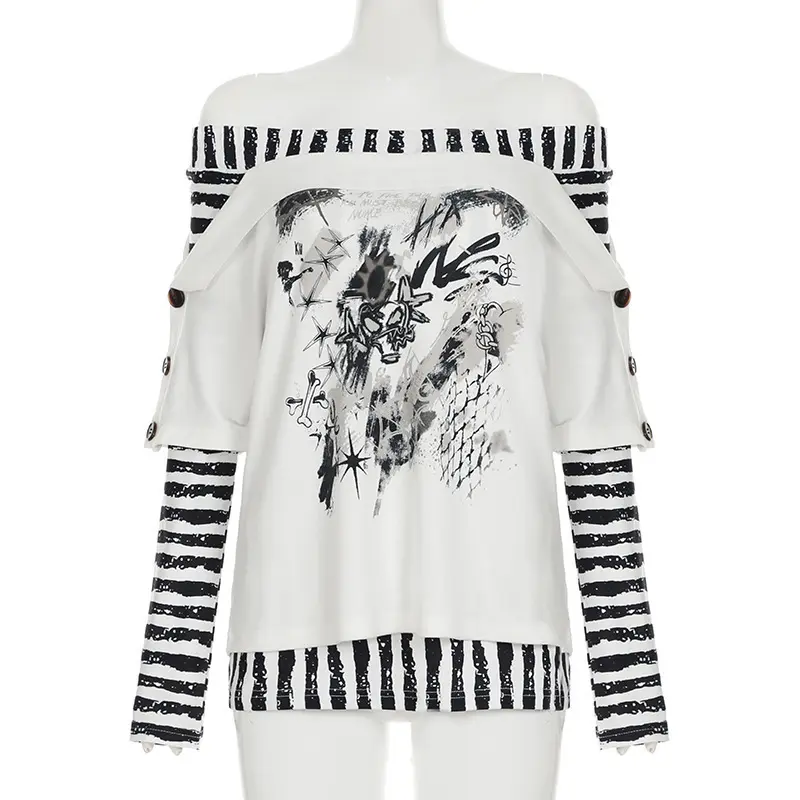 Off-Shoulder Y2 K Striped Contrast Polyester Top for Women