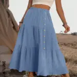 Elastic Waist Comfort Womens Long Tiered Striped Skirt