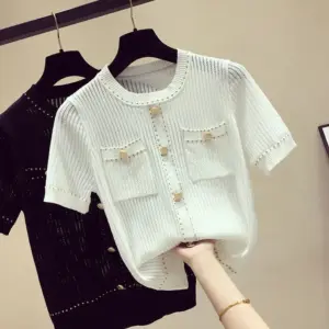 Breathable Hollow Knit Women’s Short Sleeve Top - One Size