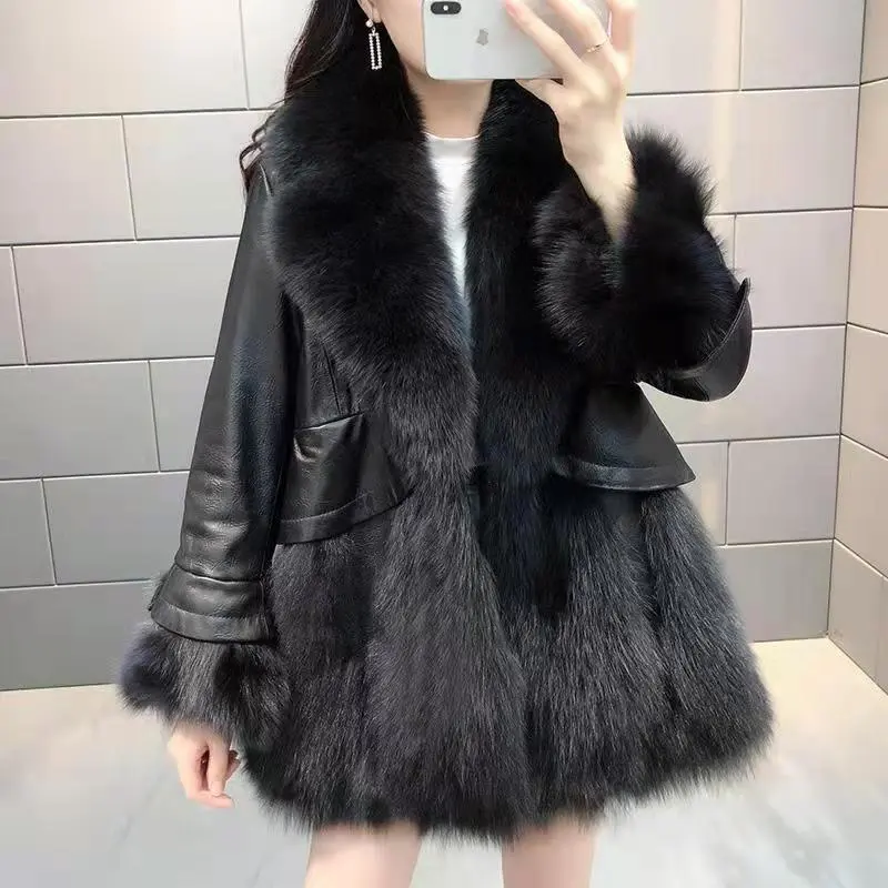 Warm Mid-Length Faux Fur Padded Coat with Fox-Style Trim Warm Mid-Length Faux Fur Padded Coat with Fox-Style Trim