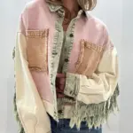 Washed Contrast-Color Fringe Raw-Edge Work Jacket for Women
