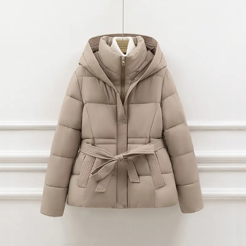 Women’s Slim-Fit Belted Puffer Coat with Hooded Drawstring Women’s Slim-Fit Belted Puffer Coat with Hooded Drawstring