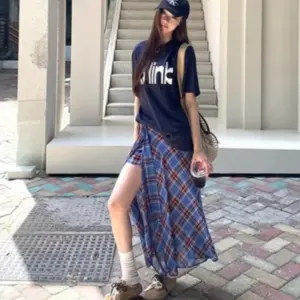 Summer New Arrival Pearl Chiffon Skirt, Asymmetrical Blue Plaid