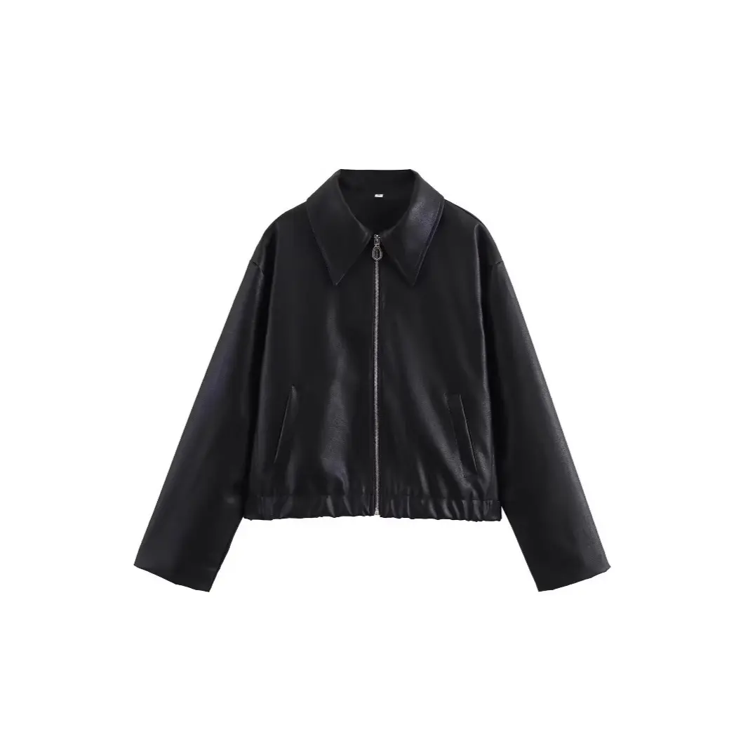 Women's Lapel Long Sleeve Leather Coat