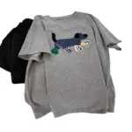 Heavy-duty 3D Embroidered Puppy Crewneck Short-sleeve Womens Top