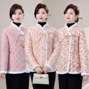 Stylish Chinese-style Womens Cotton Jacket With A Diagonal Closure And Floral Print
