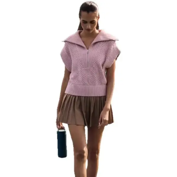 Zipper Front Lapel Knit Vest Pullover Sweater - Pink Zipper Front Lapel Knit Vest Pullover Sweater - Pink