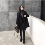 Black Irregular Loose Cloak Woolen Coat for Easy Movement