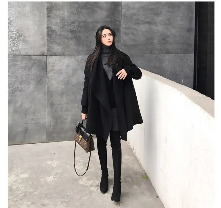 Black Irregular Loose Cloak Woolen Coat for Easy Movement