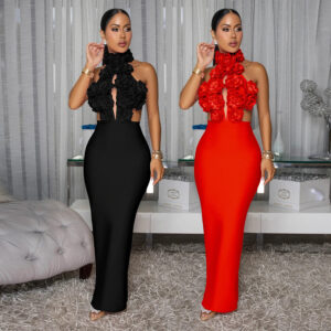 Flattering Halter Evening Dress with Long Skirt - Black/Red