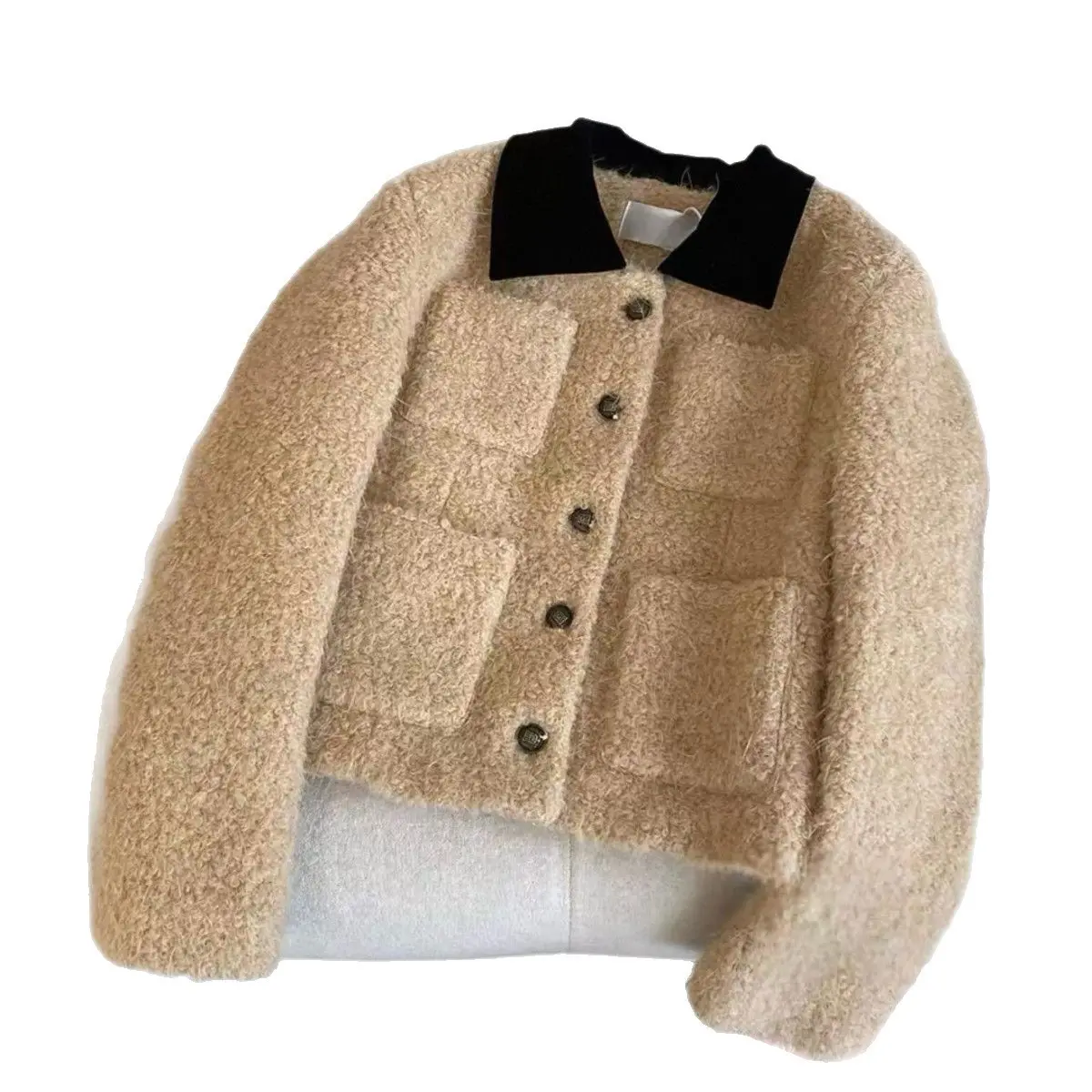 Camel Color-Block Lapel Short Jacket for Women, Loose Fit Camel Color-Block Lapel Short Jacket for Women, Loose Fit