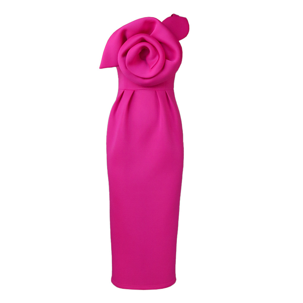 One-shoulder Diagonal Collar Three-dimensional Flower Dress For Women