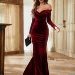 Wine Red Velvet-Look Bridesmaid Dress with Long Sleeves