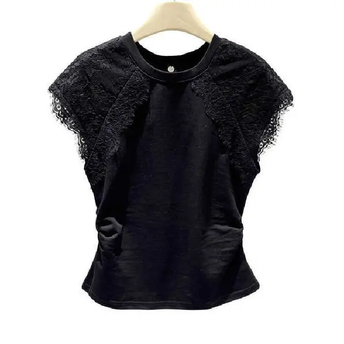 Simple Lace-spliced Round-neck Short Sleeves Simple Lace-spliced Round-neck Short Sleeves