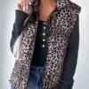 Warm Leopard Print Cotton Vest with Pocket, Regular Length