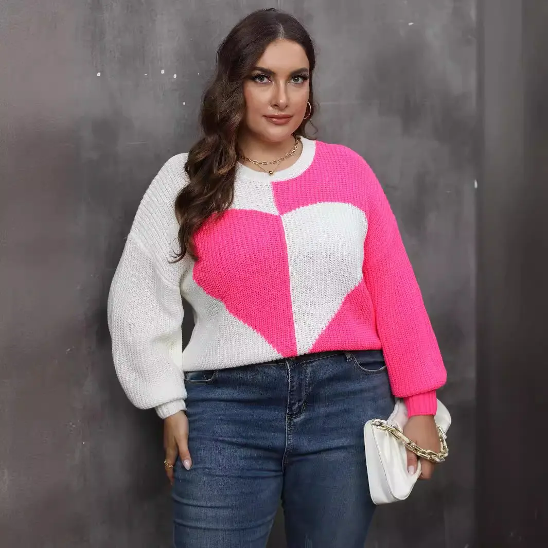 Pullover Knitted Sweater Heart Patchwork Contrasting Color Sweater Women Pullover Knitted Sweater Heart Patchwork Contrasting Color Sweater Women