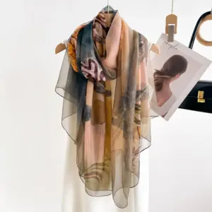 Youshou Silk Scarf Sun Protective Shawl Thin Long Style With Print