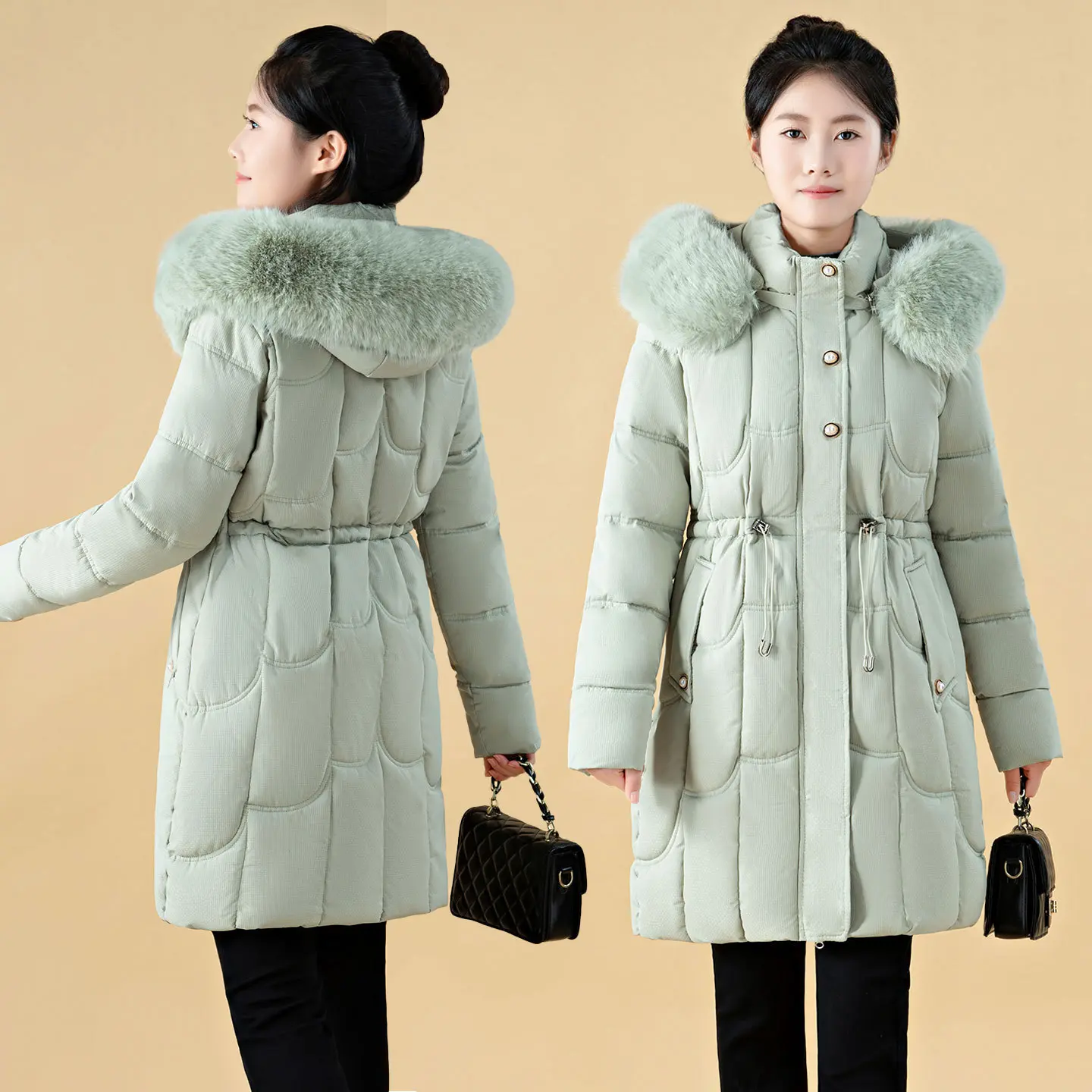 Warmth-Boosting Womens Mid-Length Padded Jacket with Detachable Fur Collar