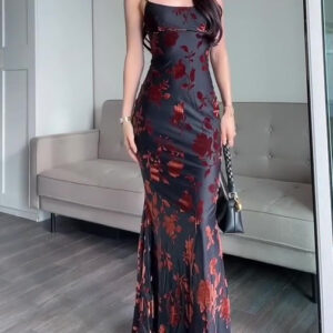 Black Flocked Strappy Maxi Dress Slim Fit with Elastic Comfort