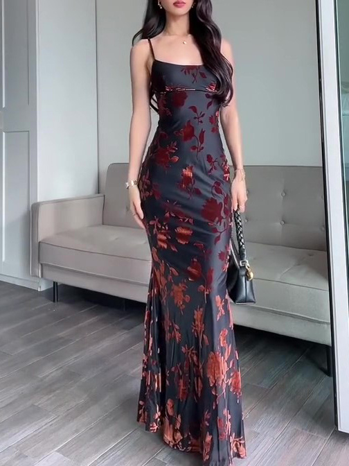 Black Flocked Strappy Maxi Dress Slim Fit with Elastic Comfort Black Flocked Strappy Maxi Dress Slim Fit with Elastic Comfort