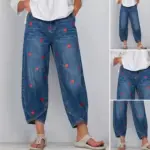 Washed Slim Fit Denim Jeans for Women with Heart Print