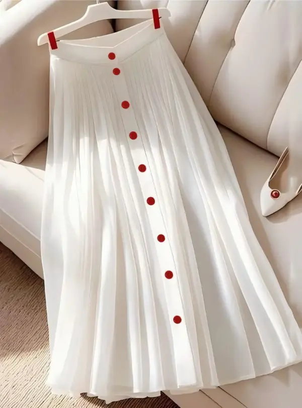Womens High-Waisted White Pleated Fashionable Versatile Slimming Skirt