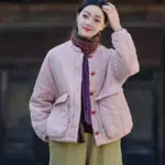 Womens Retro Colorblock Padded Jacket with Knotted Buttons