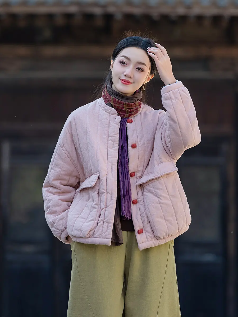 Womens Retro Colorblock Padded Jacket with Knotted Buttons